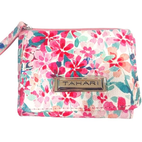 Tahari Floral Trifold Multicolor Pink Blue Red  Zip Wallet - Picture 2 of 7